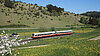 Der Freizeitexpress „Schwäbische Alb“ in einer hügeligen, grünen Landschaft