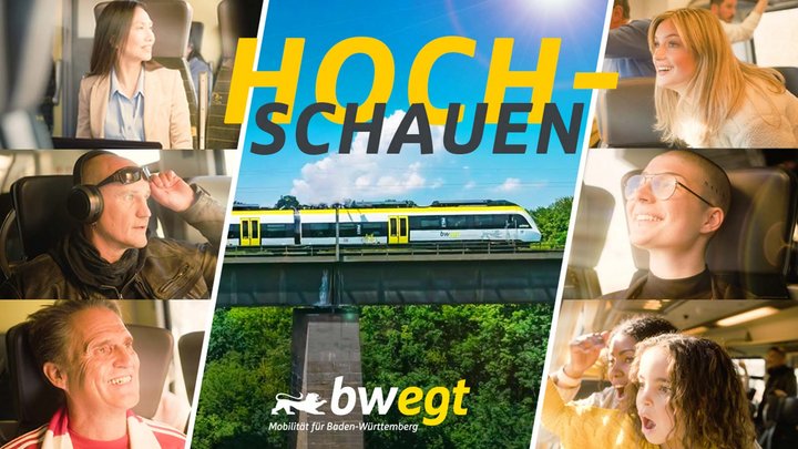 Eine Collage mit mehreren Personen, die ins Licht schauen. In der Mitte zeigt ein Bild einen Zug, der durch grüne Landschaft fährt.