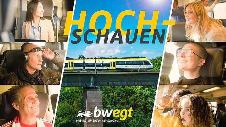 Eine Collage mit mehreren Personen, die ins Licht schauen. In der Mitte zeigt ein Bild einen Zug, der durch grüne Landschaft fährt.