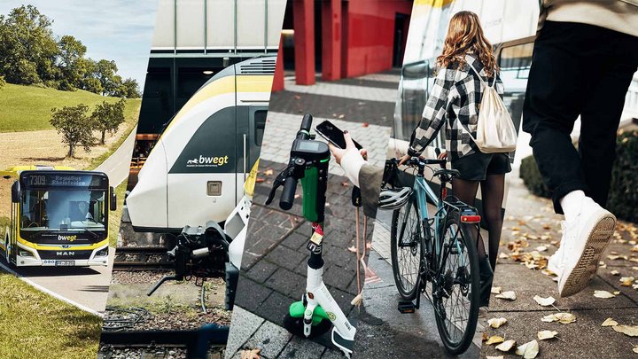 Kollage mit verschiedenen Verkehrsmitteln wie Bahn, Bus und Fahrrad.