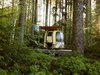 Mitten im Wald steht ein kleiner Camper auf einer Holzplattform mit Liegestühlen.