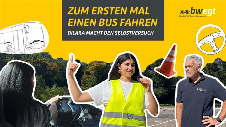Eine Collage von Checkerin Dilara mit einer gelben Warnweste, einer Zeichnung eines Busses und eines Lenkrades.