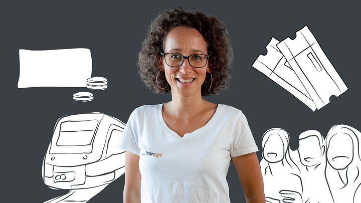 Frau steht vor einer Grafik, auf der Personen, Fahrscheine, Geld und ein Zug abgebildet sind.