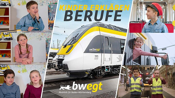 Collage mit dem Foto einer Bahn in der Mitte umringt von Fotos verschiedener Kinder, wie sie am Tisch sitzen oder in einen Bahnberuf schlüpfen.