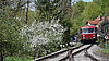 Roter Schienenbus auf dem Weg von ländlichem Bahnhof in die wilde Natur