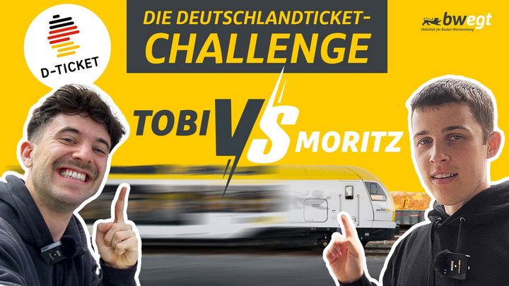 Kollage mit zwei jungen Männern links und rechts vom Bild, die jeweils auf eine Bahn zwischen ihnen zeigen.