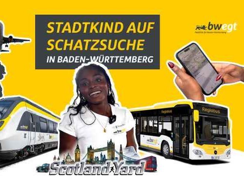 Collage mit einer jungen Frau in der Mitte. Darunter ist das Logo des Gesellschaftsspiels Scotland Yard. Rechts auf dem Bild ist ein Bus und es ist ein Smartphone zu sehen. Darüber steht die Überschrift: "Stadtkind auf Schatzsuche in Baden-Württemberg."