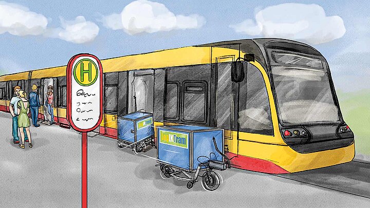 Zeichnung einer Bahn, in die Pakete geladen werden.