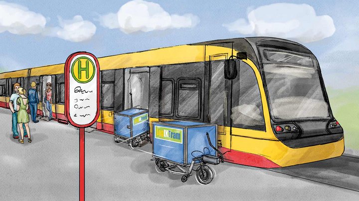 Zeichnung einer Bahn, in die Pakete geladen werden.