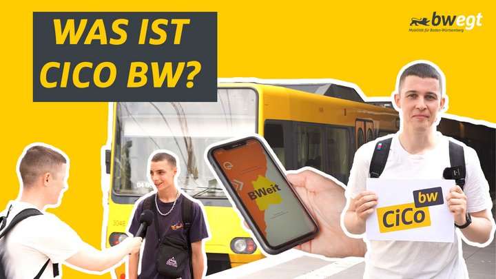 Collage mit einem jungen Mann, der ein Interview führt, einem Smartphone mit der bweit-App und einer Bahn im Hintergrund.