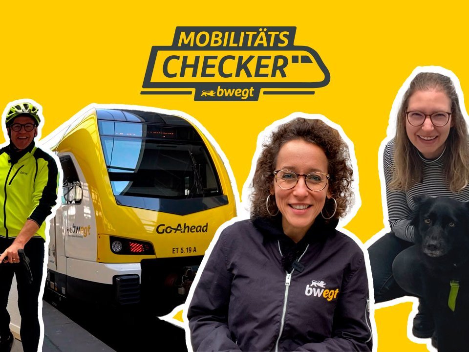 Collage mit gelbem Hintergrund. Zu sehen sind ein Logo mit der Aufschrift Mobilitäts-Checker sowie eine lächelnde Frau in der Mitte des Bildes. Links ist ein Mann mit Fahrradhelm sowie ein Zug und rechts eine lächelnde junge Frau, die neben ihrem Hund kniet.