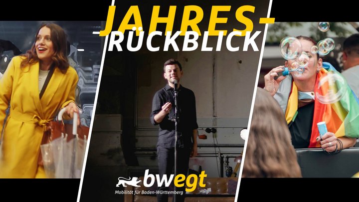 Kollage aus drei Bildern: einer Frau im gelben Anorak, einem Mann mit Mikrofonständer und einer Person, die Seifenblasen in Richtung Kamera pustet.