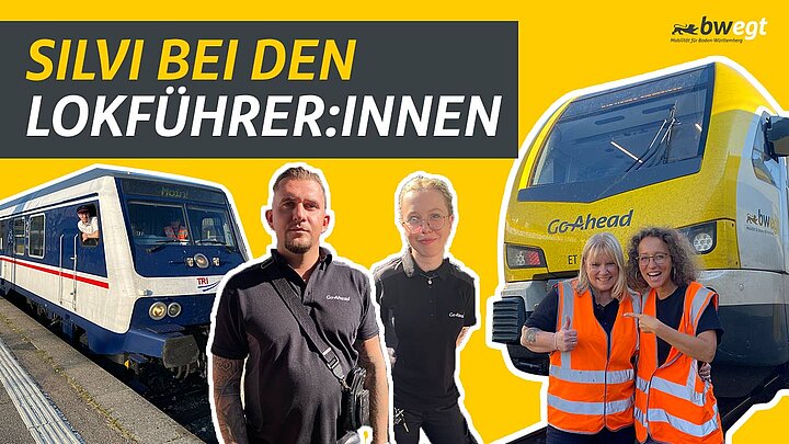 Mehrere Lokführer stehen vor Bahnen.