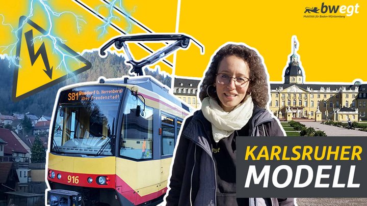 Frau steht vor einer Kollage, die das Karlsruher Schloss und die Straßenbahn abbildet.