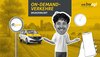 Grafik in Gelbtönen zum Thema On-Demand-Verkehr: Eine stilisierte Person mit großem Kopf und ausgebreiteten Armen steht vor einer ländlichen Landschaft. Links fährt ein gelb-weißes Shuttle-Auto an einem Haltestellenschild „bwshuttle“ vorbei, rechts ist ein Smartphone zu sehen. Oben steht der Text „ON-DEMAND-VERKEHRE #KURZERKLÄRT“, daneben das Logo von bwegt.