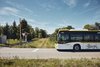 Bus in den Farben von bwegt hält vor einer Bahnschranke in einer ansonsten grünen Umgebung.