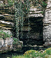Aus dem Felsen fließt Wasser in einen kleinen Bach.