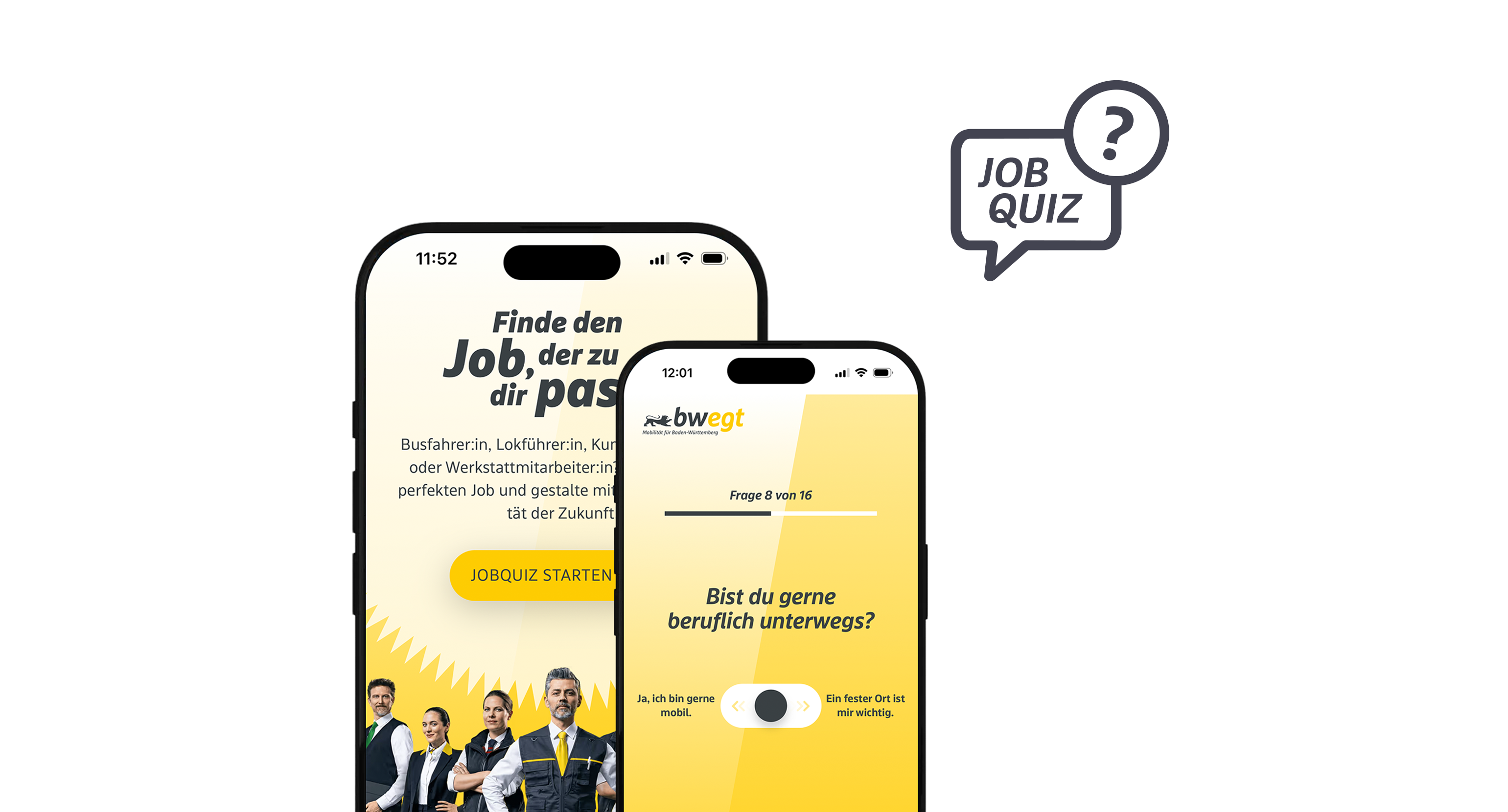 Abbildung des bwegt-Jobquiz auf zwei Smartphones