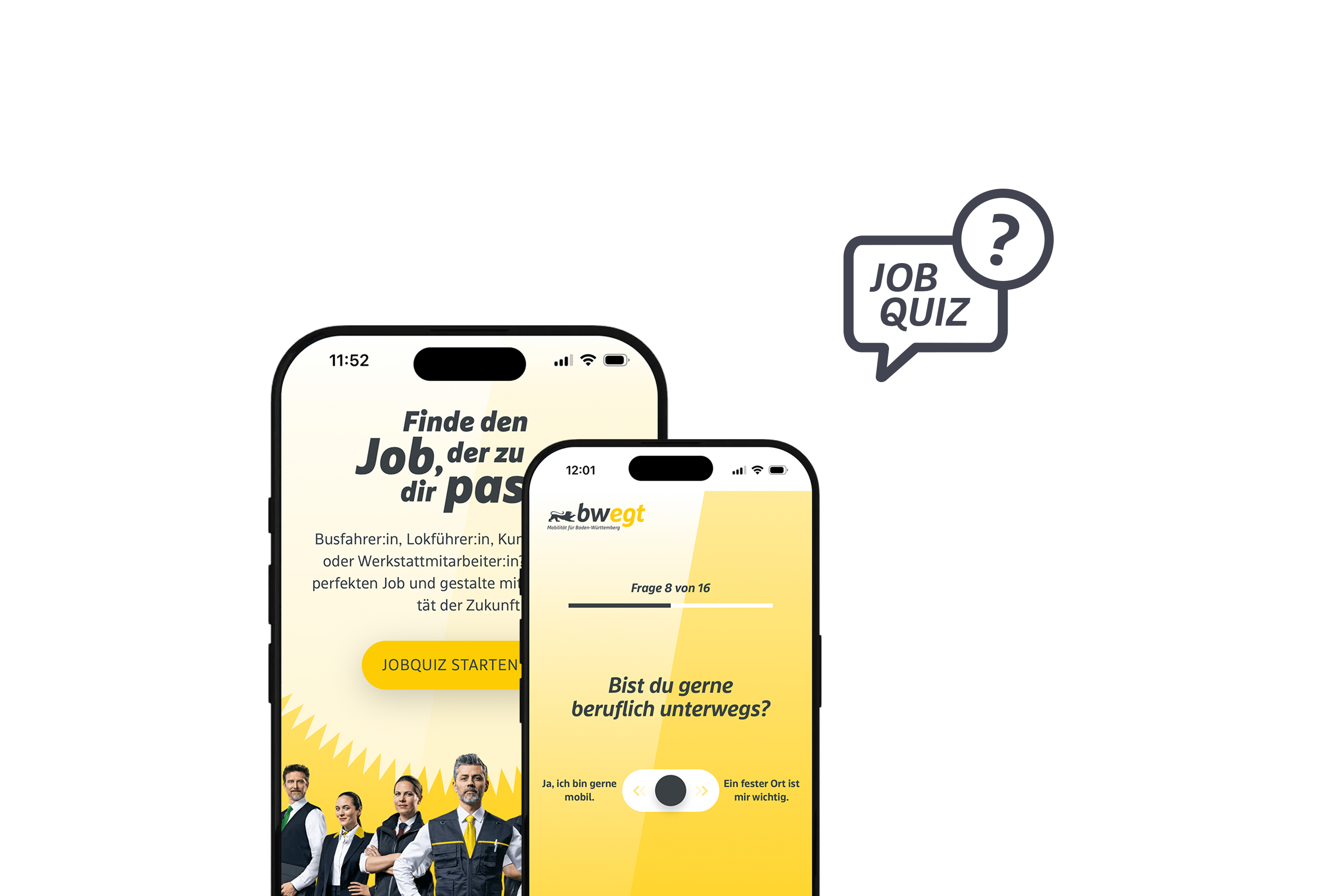 Abbildung des bwegt-Jobquiz auf zwei Smartphones