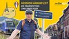 as einen Mann mit Schiebermütze, Rucksack und Mikrofon zeigt. Links steht ein blauer Regionalzug, rechts sind alte Fachwerkhäuser zu sehen. Ein Straßenschild zeigt die Richtungen STRASBOURG und SELESTAT an. Eine kleine Karte in der oberen linken Ecke markiert PARIS. Das bwegt-Logo befindet sich oben rechts.