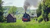 Eine Dampflokomotive fährt durch eine idyllische Landschaft und qualmt stark.