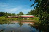 Eine Schwäbische Alb-Bahn fährt an einem naturbelassenen Teich vorbei