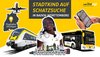 Werbegrafik von „bwegt“ mit dem Titel „STADTKIND AUF SCHATZSUCHE IN BADEN-WÜRTTEMBERG“. Im Zentrum steht eine junge Frau, umgeben von einem Zug der SWEG, einem Regiobus, einem startenden Flugzeug mit der Markierung „Flughafen Stuttgart“ und Händen, die ein Smartphone mit einer Karte halten. Unten ist das Logo des Brettspiels „Scotland Yard“ vor einer London-Silhouette abgebildet.