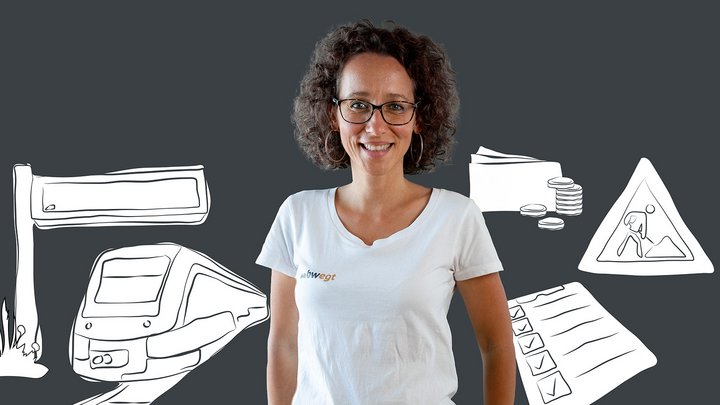 Frau steht vor Grafik, die einen Zug, Haltestelle, eine Liste, Geld und ein Baustellenschild zeigt.