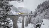 Ein bwegt-Zug fährt über eine verschneite Brücke durch eine waldreiche Region