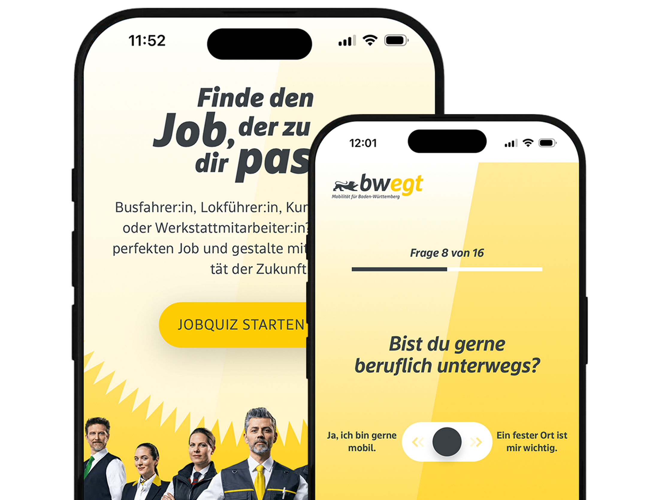 Abbildung des bwegt-Jobquiz auf zwei Smartphones