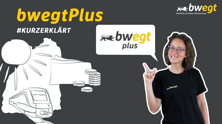 Frau vor einer Grafik mit Baden-Württemberg-Umriss, Zug und Geld.