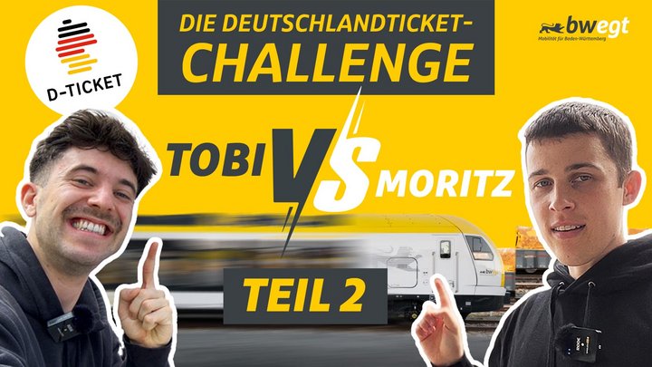 Kollage mit zwei jungen Männern links und rechts vom Bild, die jeweils auf eine Bahn zwischen ihnen zeigen.