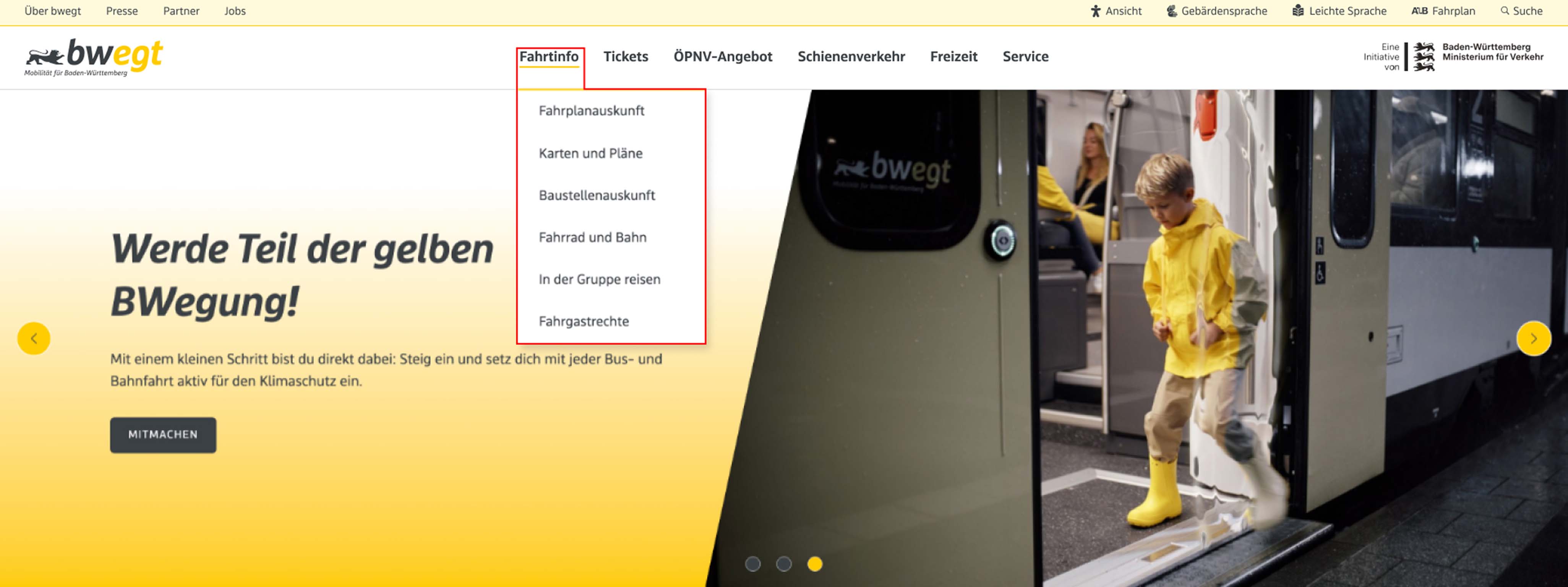 Abbildung Startseite www.bwegt.de mit dem Menüpunkt Fahrtinfo