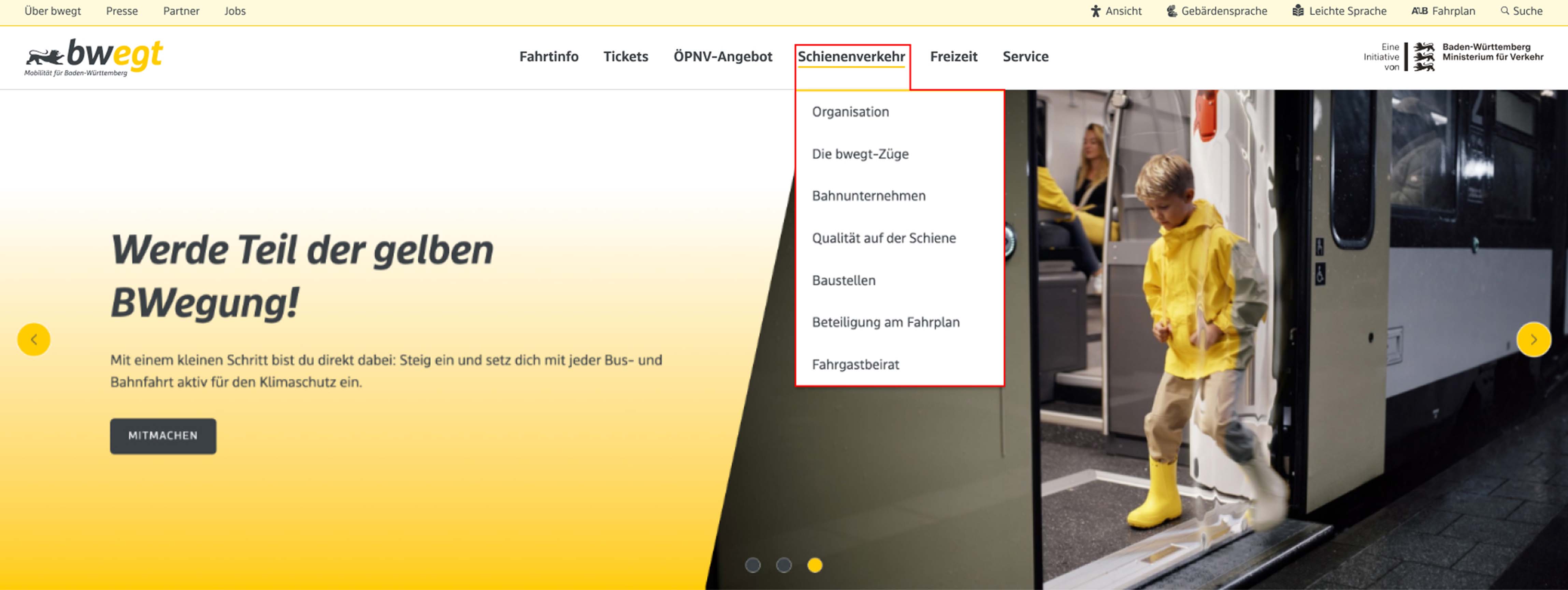 Abbildung Startseite www.bwegt.de mit dem Menüpunkt Schienenverkehr