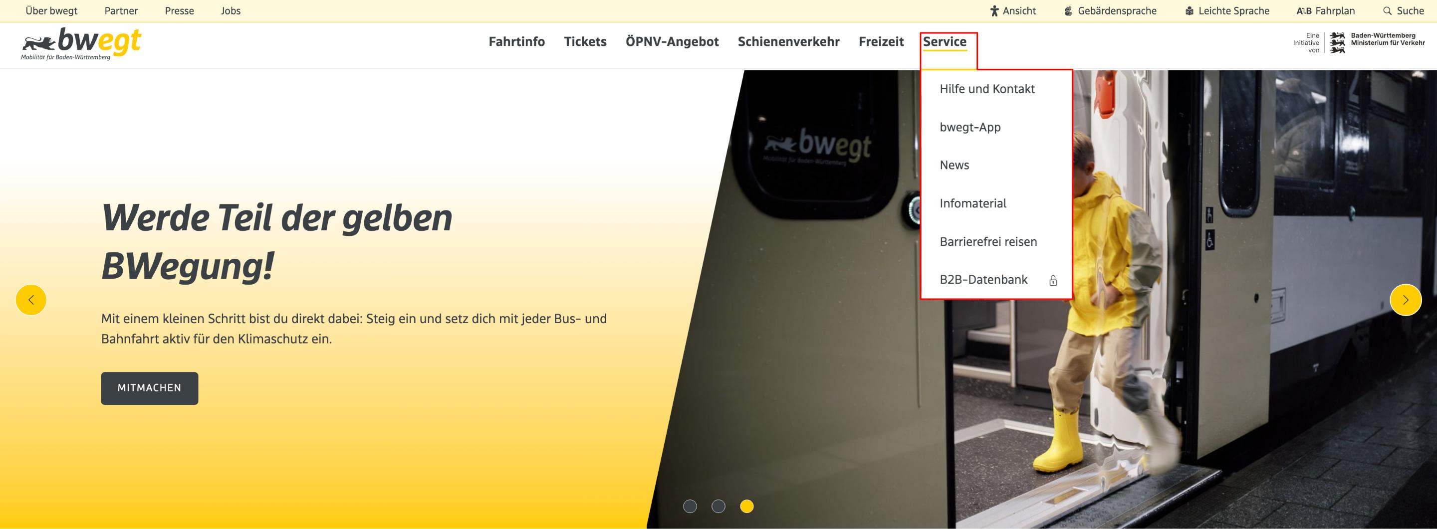 Abbildung Startseite www.bwegt.de mit dem Menüpunkt Service
