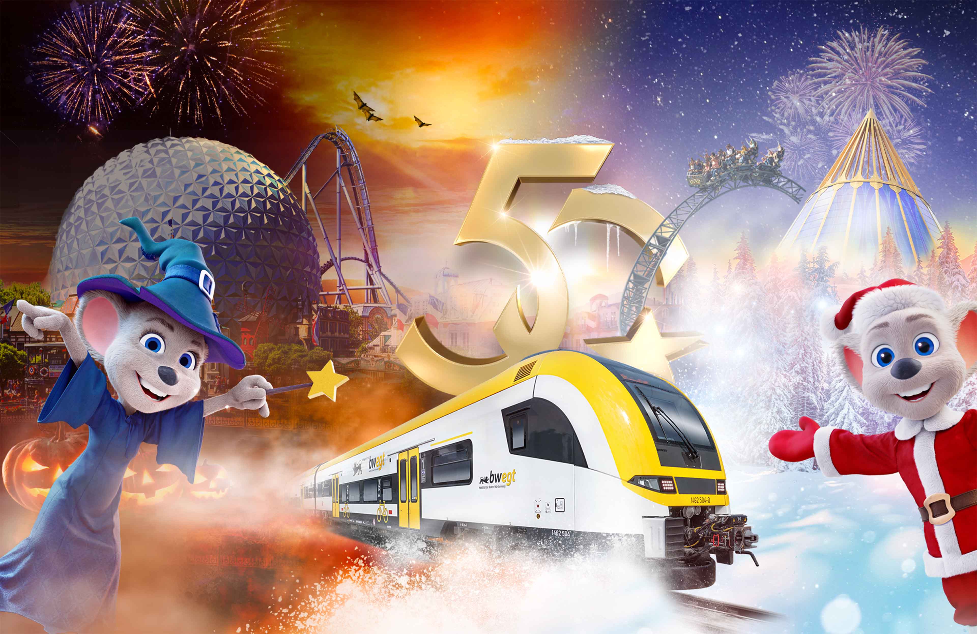 Eine Illustration vom Europa-Park mit einem bwegt-Zug und zwei Mäusen