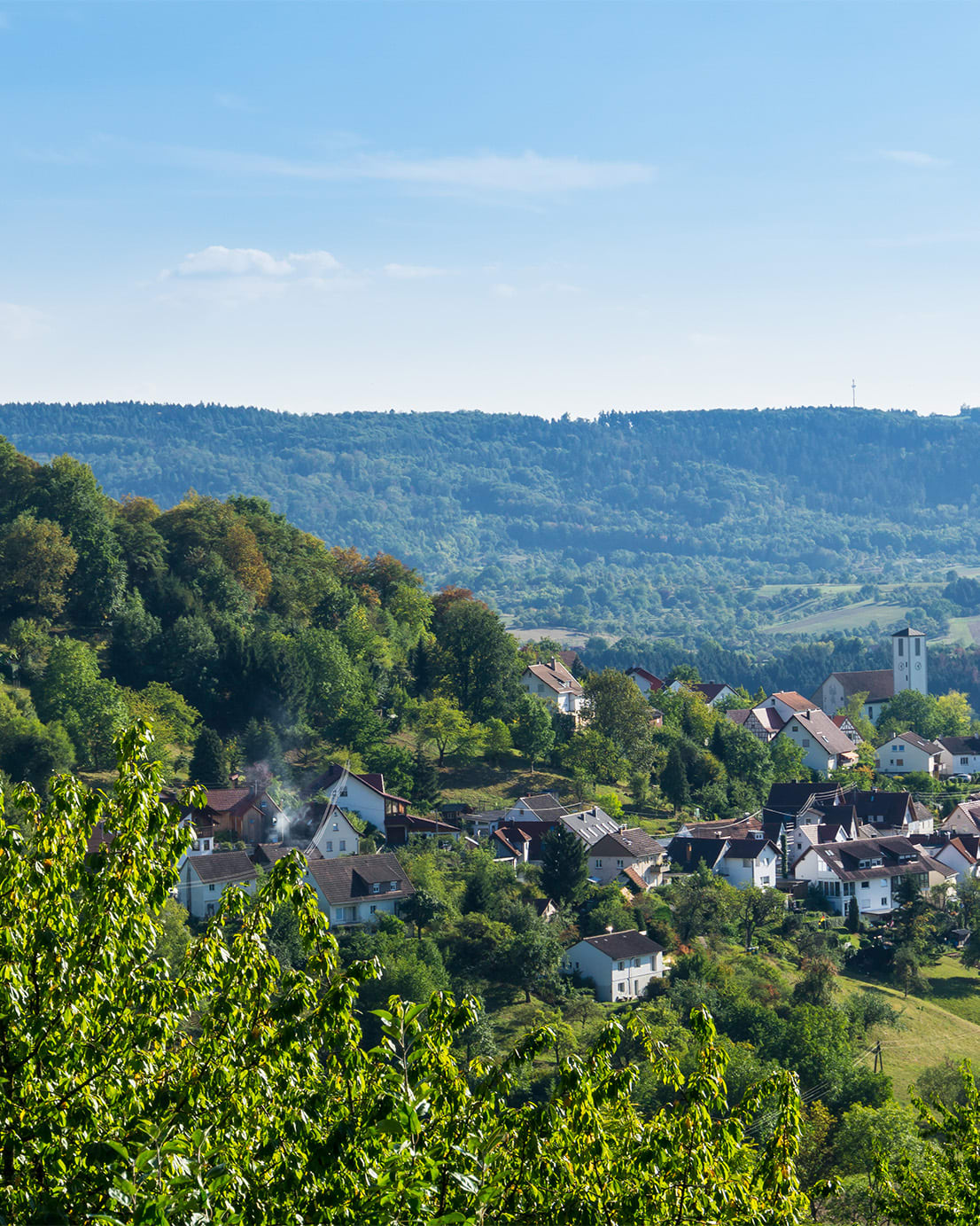 Eine malerisches Dorf in ländliche Umgebung, umgeben von grünen Feldern