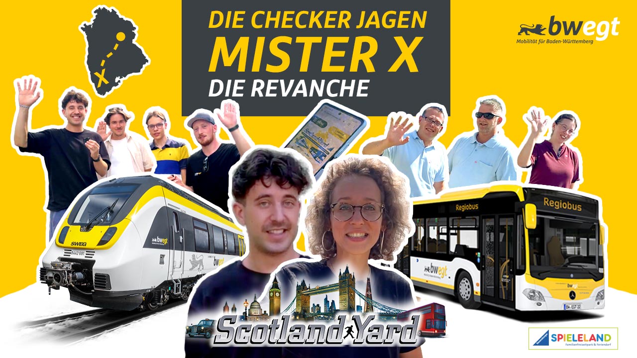 Bildcollage mit vielen Menschen, einem bwegt Zug und Bus und dem Schriftzug "Die Checker jagen Mister X - Die Revanche" und dem Schriftzug "Scotland Yard"