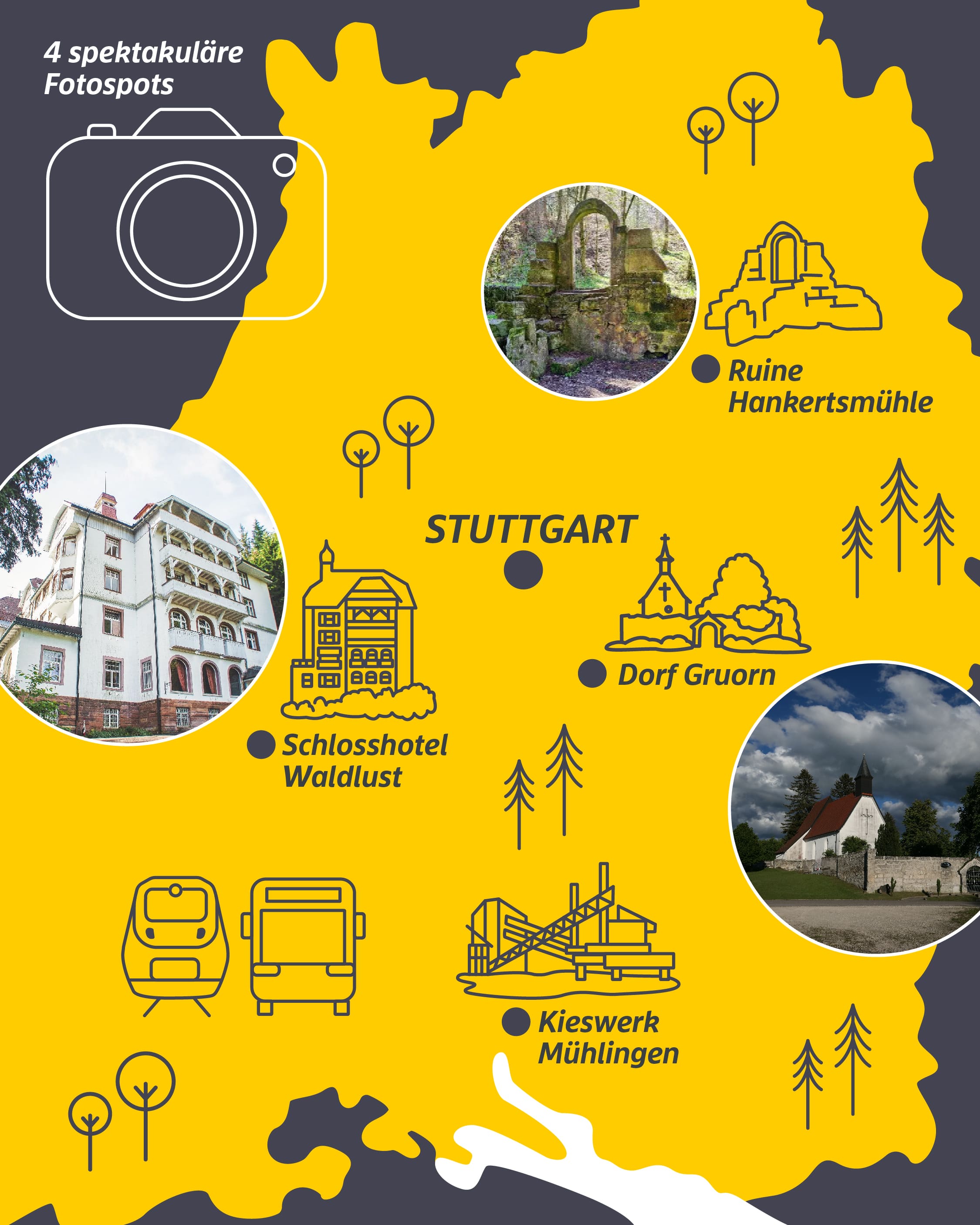 Auf einer Karte mit dem Titel „Vier spektakuläre Fotospots“ sind vier Lost-Places in Baden-Württemberg eingezeichnet: Das Schlosshotel Waldlust in Freudenstadt, das verlassene Dorf Gruorn bei Münsingen, die sagenumwobene Ruine Hankertsmühle bei Schönbronn sowie das Kieswerk Mühlingen bei Schwackenreute