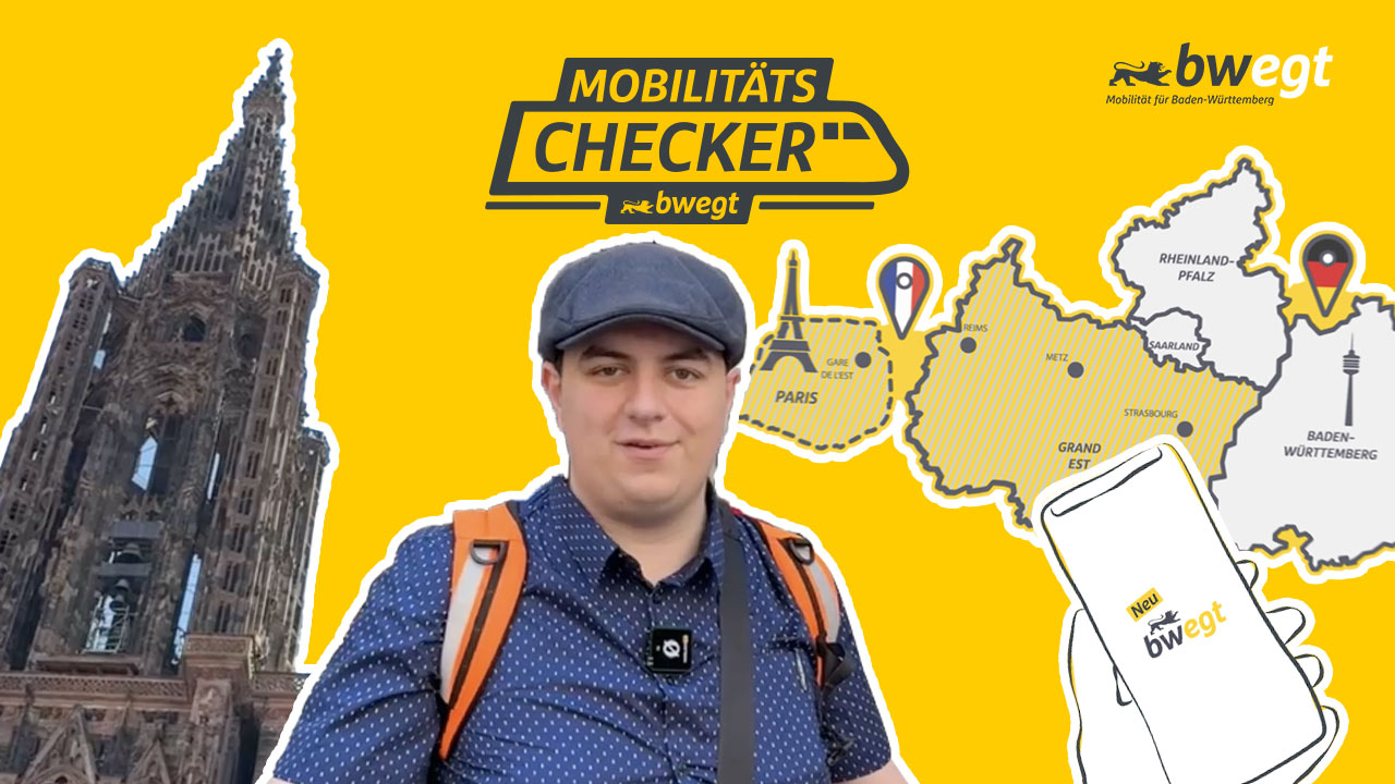 Junger Mann steht in einer Collage aus Münster und einer gezeichneten Karte von Frankreich vor gelbem Hintergrund