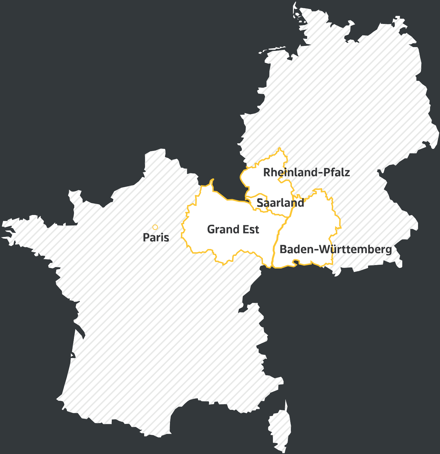 Eine Karte von Deutschland und Frankreich, hervorgehoben sind die Region Grand Est und Südwest Deutschland