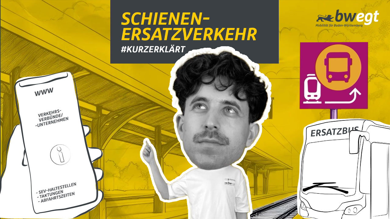junger Mann in einer Bildcollage mit einem gezeichneten Bus und einem Handy